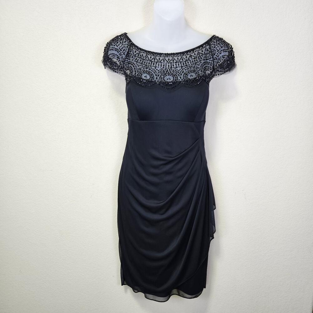 Xscape Beaded Cocktail Dress 10 Black Faux Wrap Party Gatsby Chiffon Ruched NEW